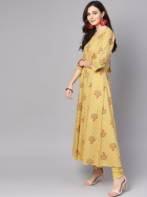 Yellow 3/4th sleeve cotton Anarkali kurta with churidar and dupatta