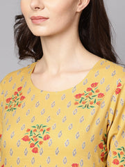 Yellow 3/4th sleeve cotton Anarkali kurta with churidar and dupatta