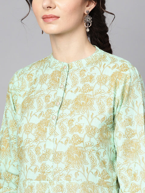 Blue printed 3/4th sleeve cotton Kurta with printed palazzo and embriodery dupatta