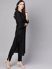 Black 3/4th sleeve cotton kurta and palazzo with beige printed dupatta