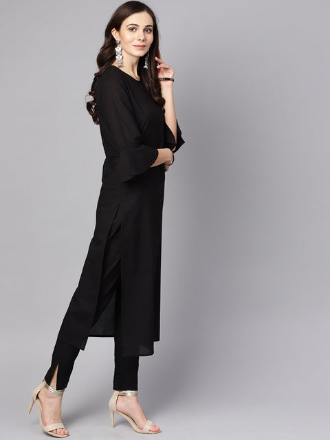 Black 3/4th sleeve cotton kurta and palazzo with beige printed dupatta