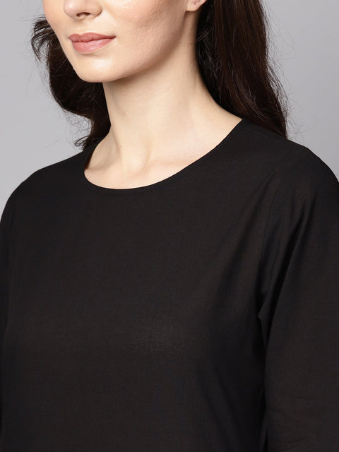 Black 3/4th sleeve cotton kurta and palazzo with beige printed dupatta