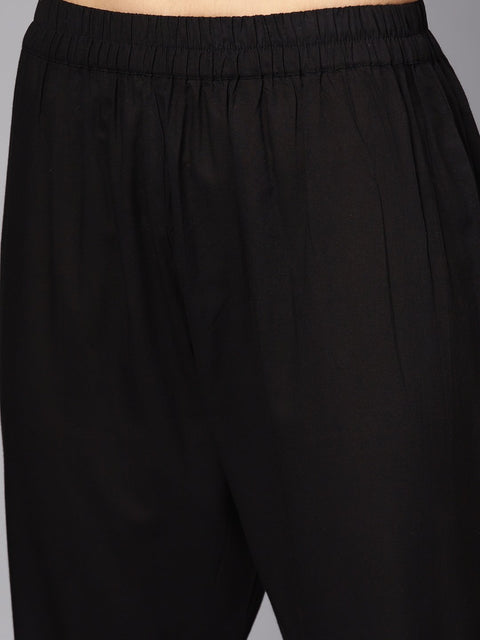 Black 3/4th sleeve cotton kurta and palazzo with beige printed dupatta