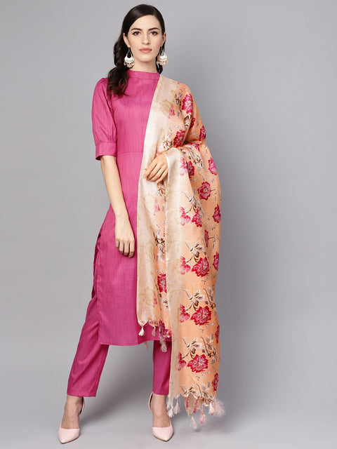 Solid purple half sleeve cotton kurta and palazzo with printed dupatta