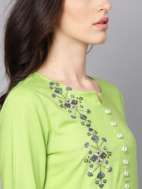 Green 3/4th sleeve rayon Embriodery kurta