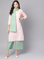 Solid pink 3/4th cotton kurta with Green pallazo and dupatta