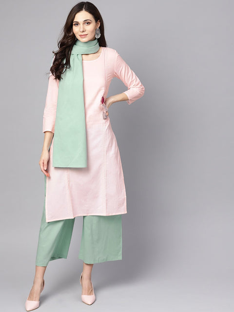 Solid pink 3/4th cotton kurta with Green pallazo and dupatta