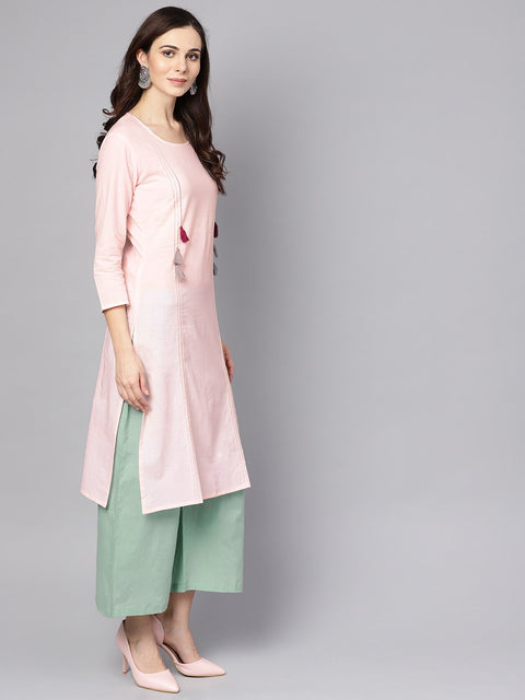 Solid pink 3/4th cotton kurta with Green pallazo and dupatta