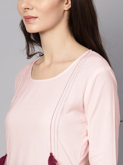 Solid pink 3/4th cotton kurta with Green pallazo and dupatta