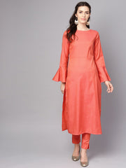 Red full sleeve cotton kurta with pant
