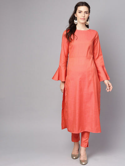 Red full sleeve cotton kurta with pant