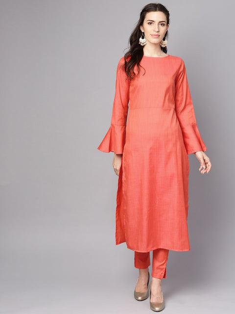 Red full sleeve cotton kurta with pant
