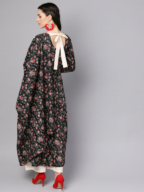 Black printed full sleeve rayon kurta with dupatta and solid beige palazzo