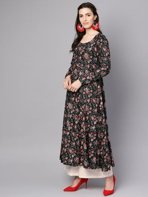 Black printed full sleeve rayon kurta with dupatta and solid beige palazzo