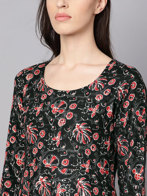 Black printed full sleeve rayon kurta with dupatta and solid beige palazzo