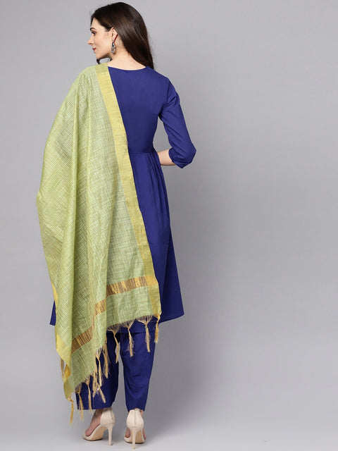 Blue 3/4th sleeve cotton a-line kurta with palazzo and yellow dupatta