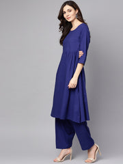 Blue 3/4th sleeve cotton a-line kurta with palazzo and yellow dupatta
