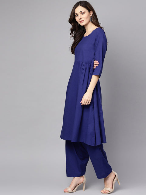 Blue 3/4th sleeve cotton a-line kurta with palazzo and yellow dupatta