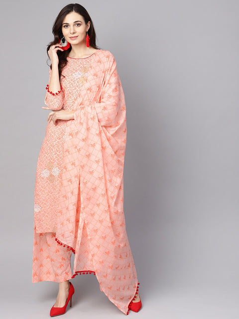 Baby Pink printed 3/4th sleeve cotton kurta with patiala and dupatta