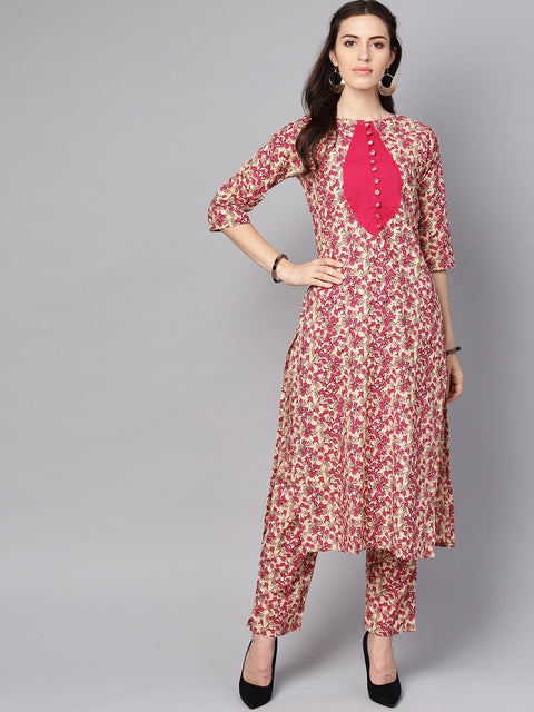 Red printed half sleeve cotton kurta with palazzo and purple dupatta