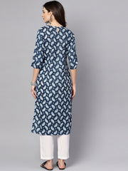Navy blue printed 3/4th sleeve A-line cotton kurta with white palazzo