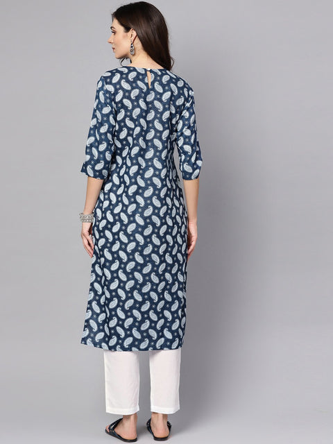 Navy blue printed 3/4th sleeve A-line cotton kurta with white palazzo