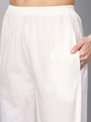 Navy blue printed 3/4th sleeve A-line cotton kurta with white palazzo