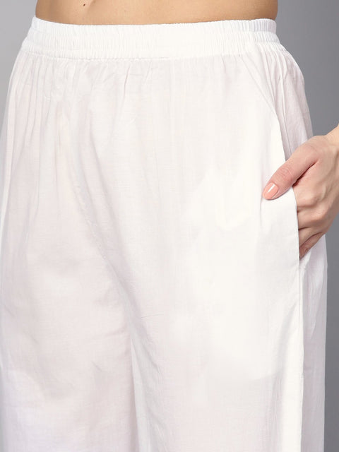 Navy blue printed 3/4th sleeve A-line cotton kurta with white palazzo