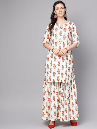 White printed half sleeve cotton kurta with sharara and solid orange dupatta