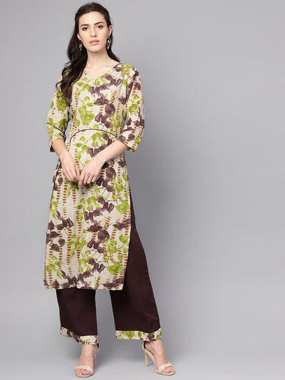 Grey printed 3/4th sleeve cotton kurta with coffee brown palazzo