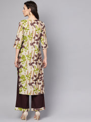 Grey printed 3/4th sleeve cotton kurta with coffee brown palazzo