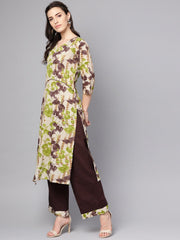 Grey printed 3/4th sleeve cotton kurta with coffee brown palazzo