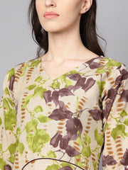 Grey printed 3/4th sleeve cotton kurta with coffee brown palazzo