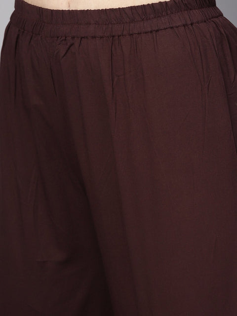 Grey printed 3/4th sleeve cotton kurta with coffee brown palazzo