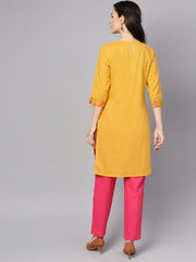 Yellow printed 3/4th sleeve cotton kurta with red palazzo