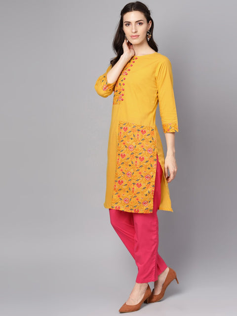 Yellow printed 3/4th sleeve cotton kurta with red palazzo