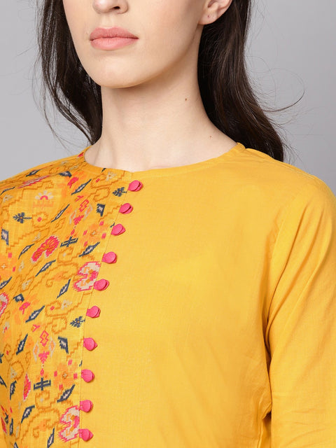 Yellow printed 3/4th sleeve cotton kurta with red palazzo