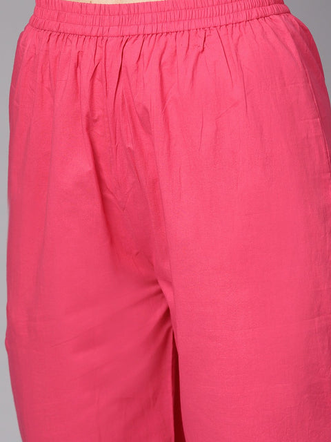 Yellow printed 3/4th sleeve cotton kurta with red palazzo