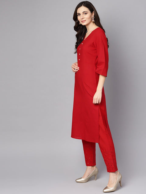 Red 3/4th sleeve rayon kurta with palazzo and printed dupatta