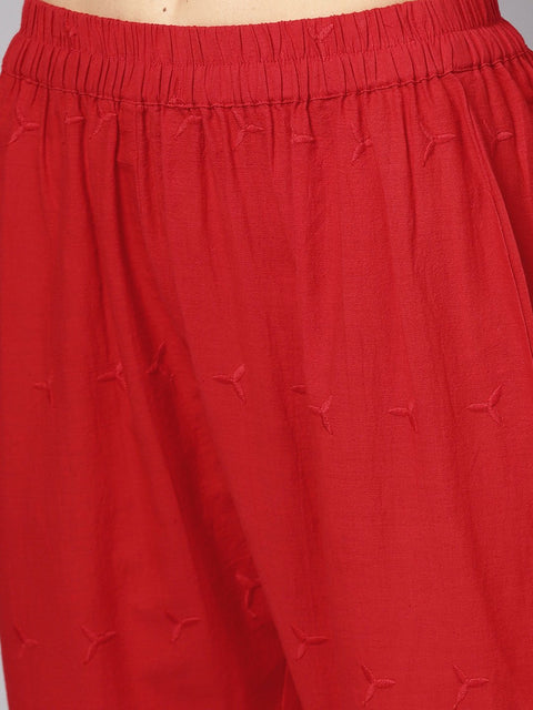 Red 3/4th sleeve rayon kurta with palazzo and printed dupatta