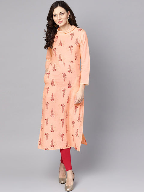 Closed neck solid Peach 3/4th sleeve cotton straight kurta