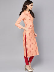 Closed neck solid Peach 3/4th sleeve cotton straight kurta