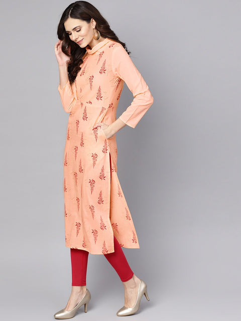 Closed neck solid Peach 3/4th sleeve cotton straight kurta