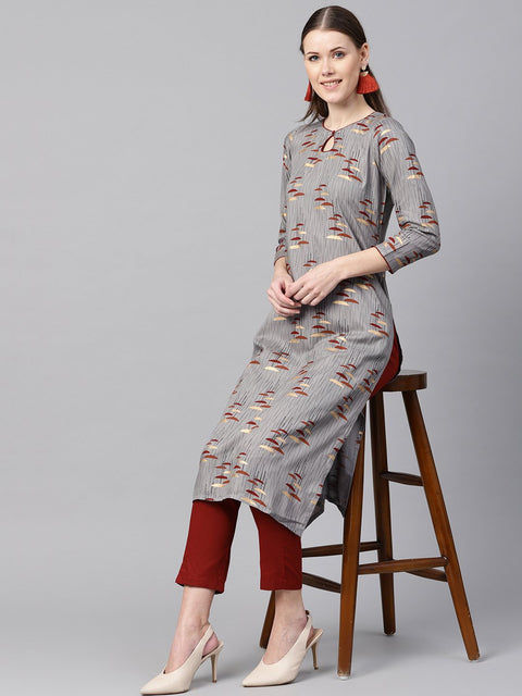 Round neck gold khadi umbrella printed with a keyhole straight kurta with solid maroon pant