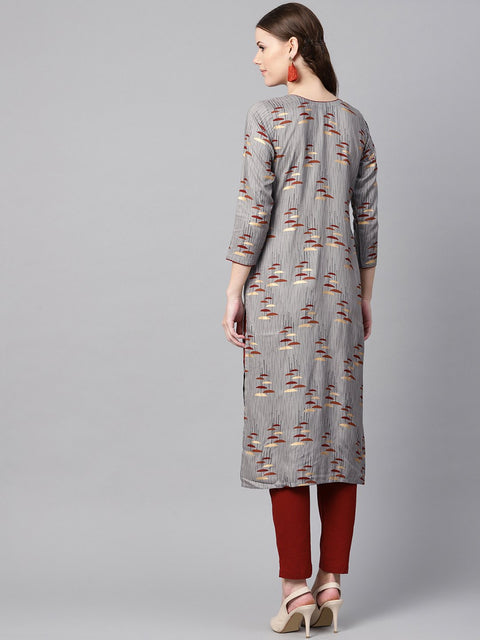 Round neck gold khadi umbrella printed with a keyhole straight kurta with solid maroon pant