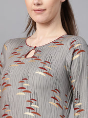 Round neck gold khadi umbrella printed with a keyhole straight kurta with solid maroon pant