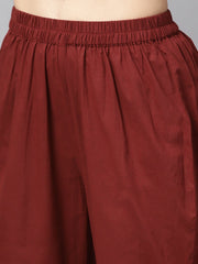 Round neck gold khadi umbrella printed with a keyhole straight kurta with solid maroon pant