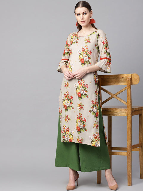 Floral gold khadi printed straight kurta with gathered sleeves & solid olive green pallazo