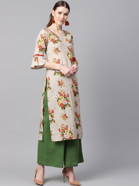 Floral gold khadi printed straight kurta with gathered sleeves & solid olive green pallazo