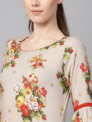 Floral gold khadi printed straight kurta with gathered sleeves & solid olive green pallazo